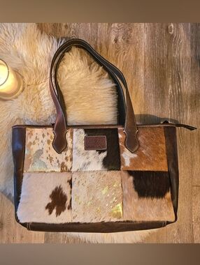 Ariat Patchwork Cowhide Tote Bag in Brown Multicolor NWOT
